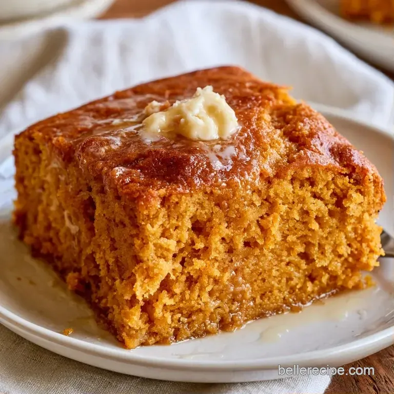 A thick slice of orange-hued cornbread topped with melting salted butter on a minimal white ceramic plate.