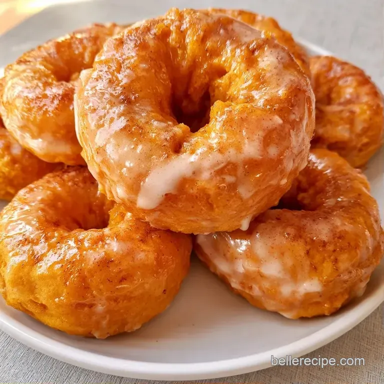 Three glazed rings arranged on a white ceramic plate with a dusting of cinnamon and a small side of maple syrup.