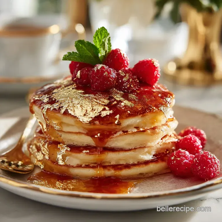 Elegant brunch plate with a stack of fluffy waffles drizzled with syrup and adorned with glistening golden edible glitter.