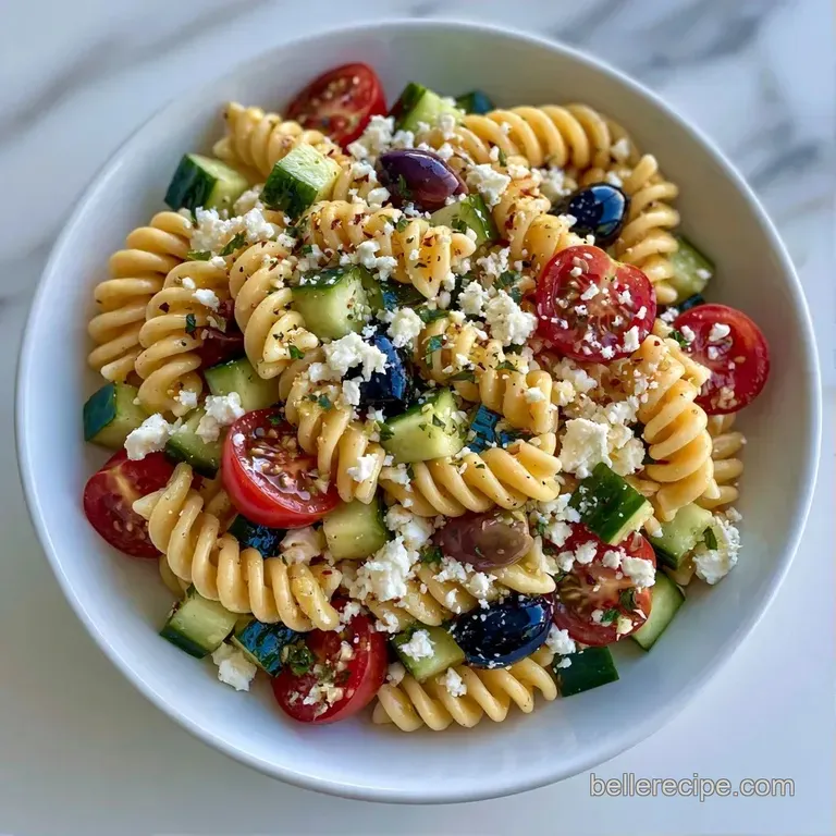 Vibrant pasta medley with crisp cucumbers and feta cheese elegantly served in a wide, shallow white porcelain bowl.