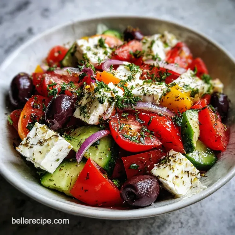 Classic Greek salad plated. Crisp cucumbers, juicy tomatoes, briny olives and a generous slab of feta drizzled with golden...