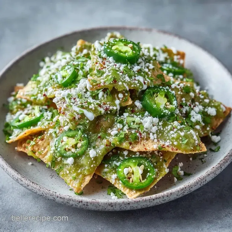 Elegant white plate of vibrant green chips topped with sliced avocado, white cheese crumbles, and fresh cilantro.