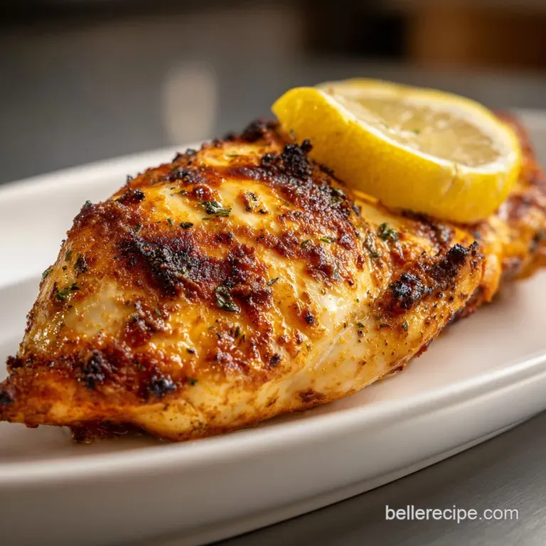 Perfectly grilled chicken breast glistening with lemon juice, artfully arranged with rosemary sprigs on a clean, white dis...