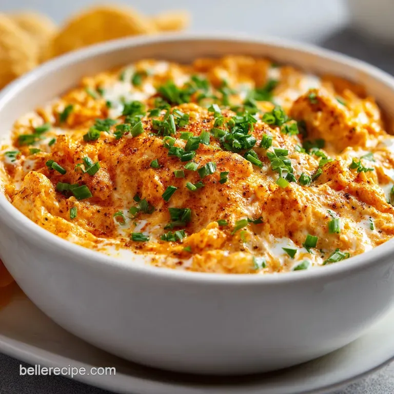 Scoop of steaming, vibrant orange buffalo chicken dip on a chip, drizzled with cool ranch, hinting at spicy, creamy goodness.