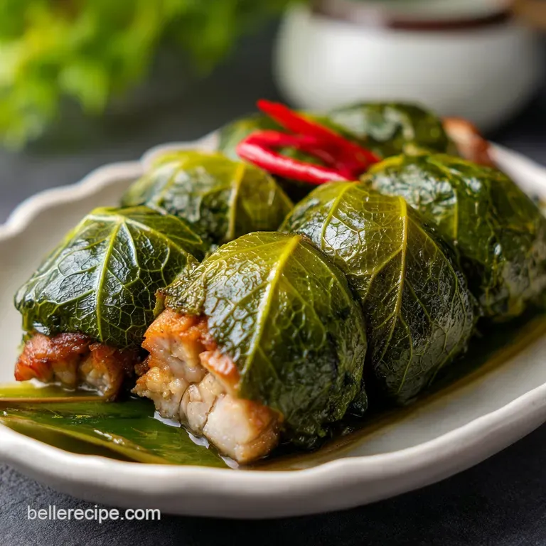 Neatly wrapped green leaf bundles served on a minimalist plate with steamed white rice and a fresh lime wedge.