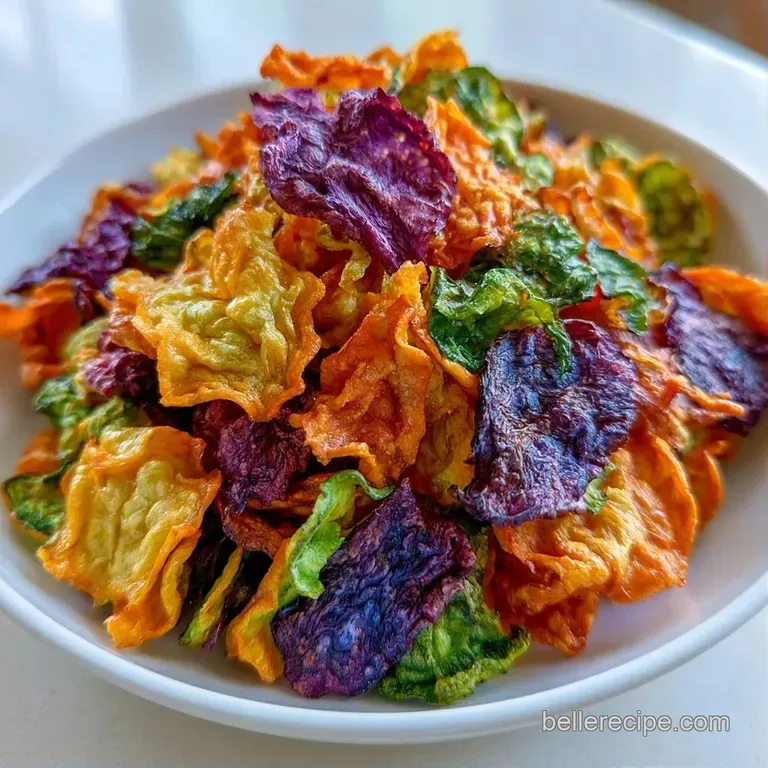 Assorted thin vegetable crisps in vibrant shades of purple and orange arranged neatly in a minimalist white bowl.