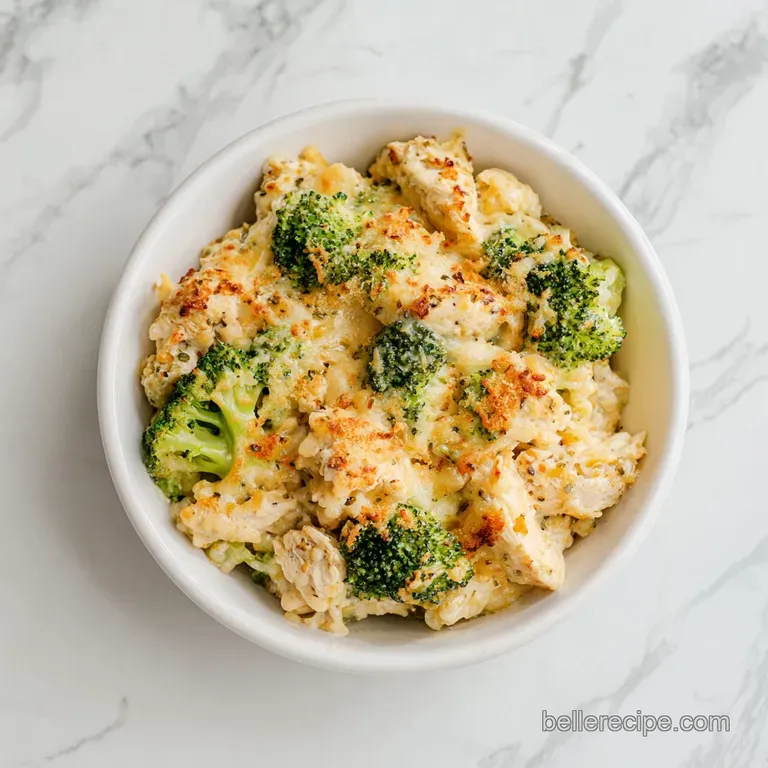 Creamy chicken casserole plated with bright green broccoli florets and a sprinkle of melted cheese, inviting and warm.
