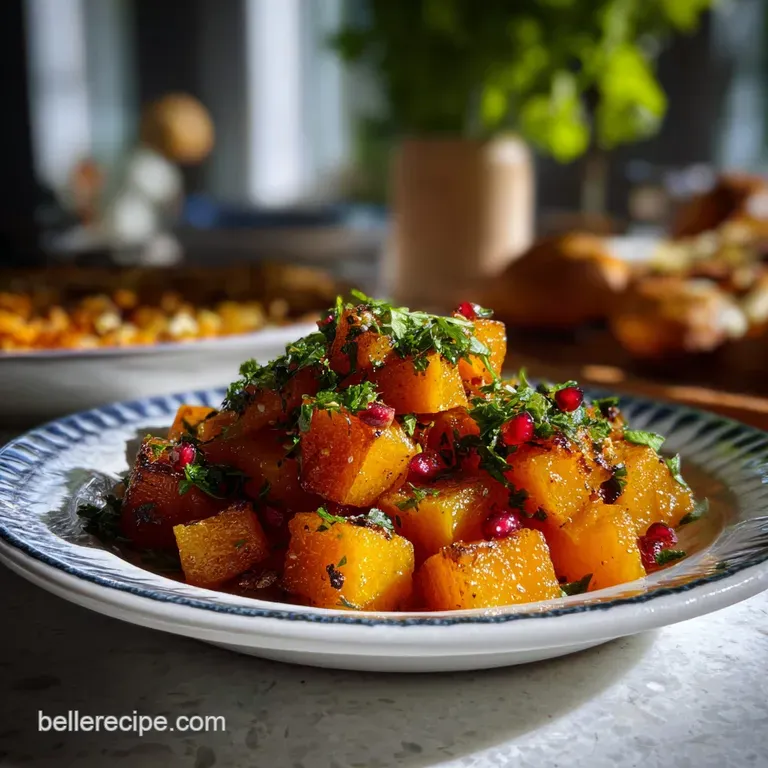Elegant plate featuring a golden-brown butternut squash wedge, drizzled with olive oil, garnished with fresh sage, and a s...