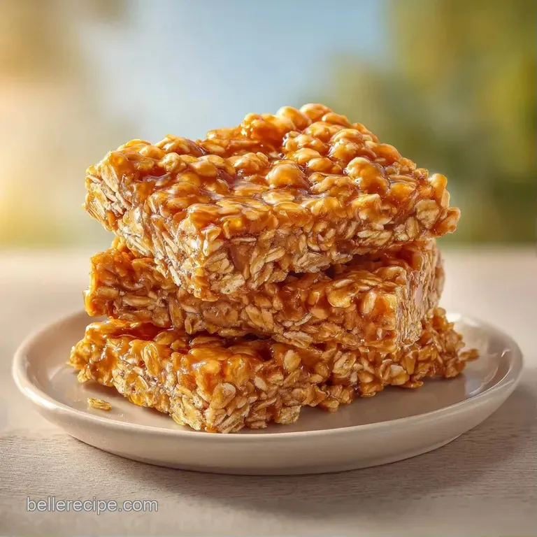 Neatly stacked honey-glazed oat bars on a white marble slab, accented by a scatter of raw almonds and seeds.