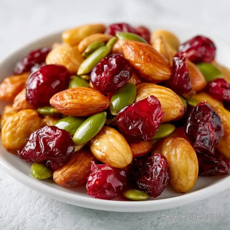 A rustic wooden bowl overflowing with a colorful blend of salted nuts, chewy dried fruits, and dark chocolate chips.