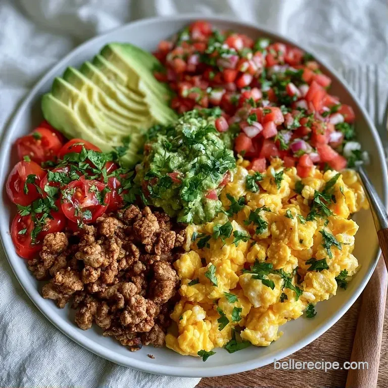 Neatly arranged scoops of black beans and diced avocado beside folded corn tortillas and bright red tomato salsa.