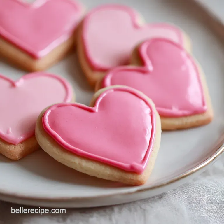 Stacked heart cookies show off intricate icing details and vibrant colors. Soft, sugary look, perfect for Valentine's Day.