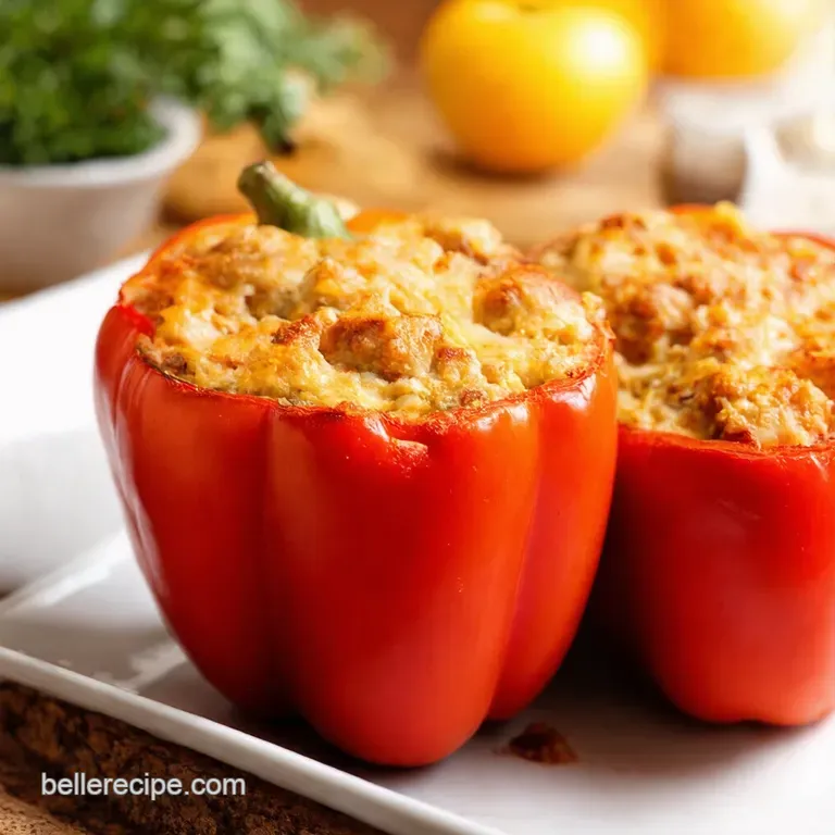 Hearty Homemade Stuffed Peppers with TomatoBasil Sauce presentation