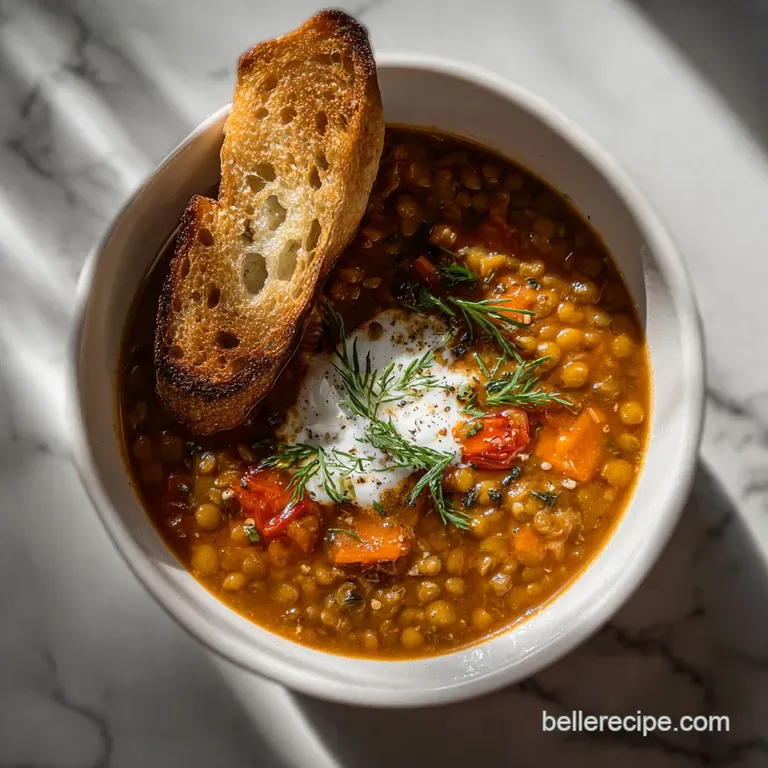 Lentil soup elegantly plated, garnished with fresh parsley and a swirl of cream. Steam rises from the vibrant, earthy-tone...