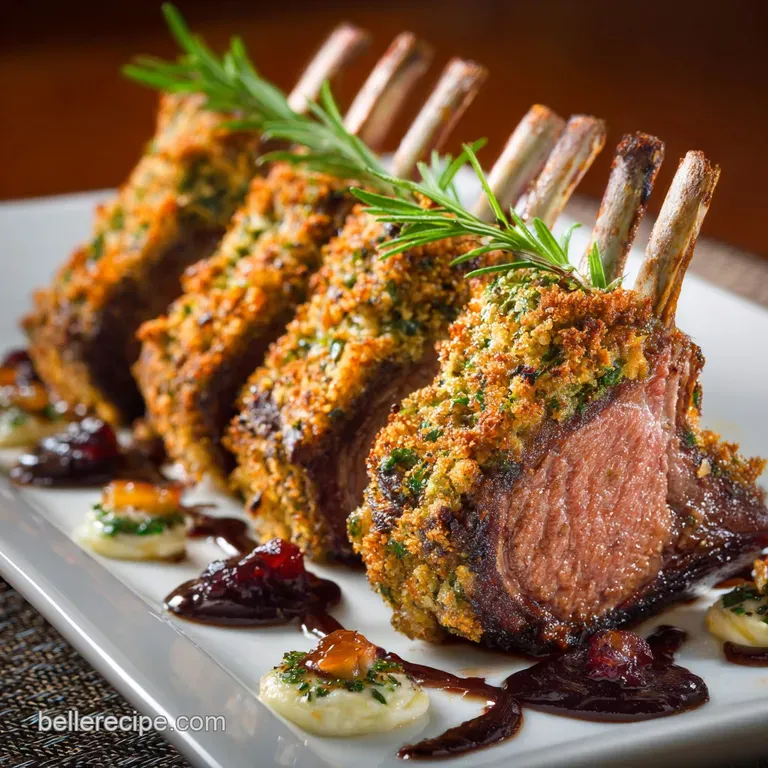 Crown of Lamb Herbcrusted Roast with Savoury Wild Rice Stuffing presentation