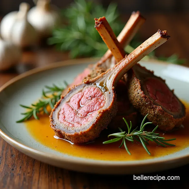 Herbcrusted Rack of Lamb with Rosemarygarlic Pan Sauce presentation