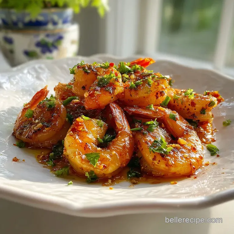 Perfectly arranged honey garlic shrimp glistening under warm light, resting on a pristine white plate with fresh herbs.