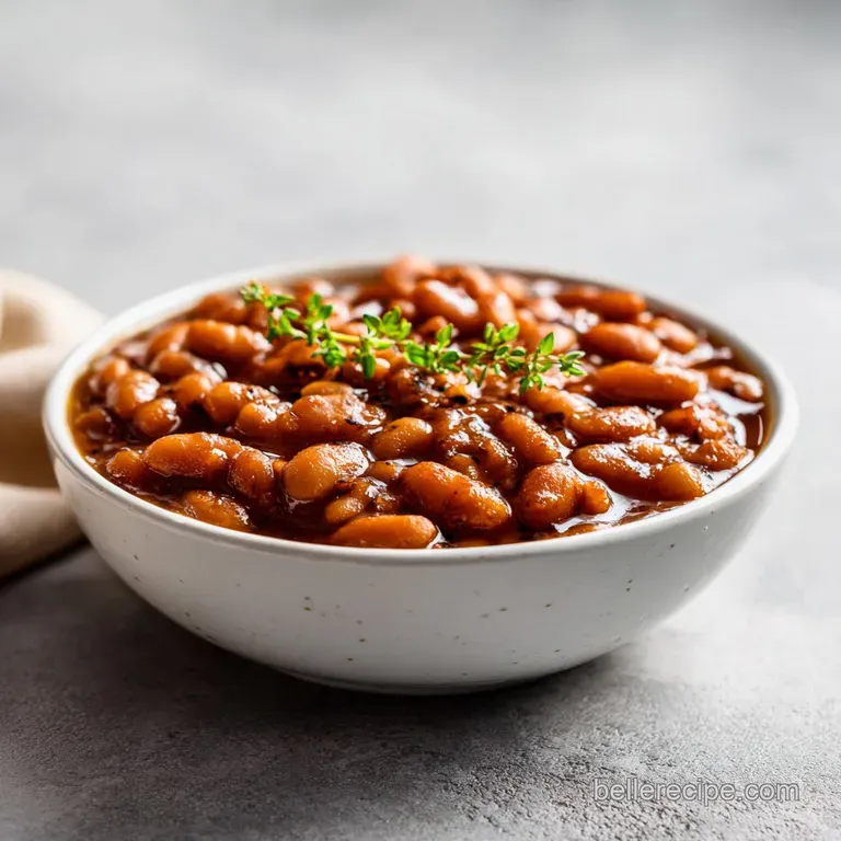 Rich, dark baked beans in a rustic cast iron pot, glistening with savory sauce and topped with tender pork