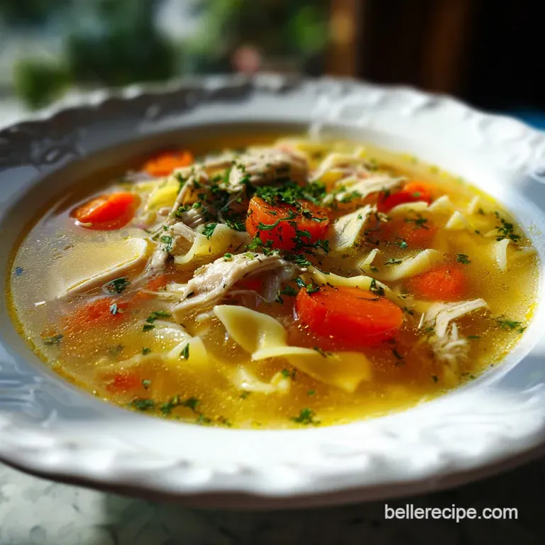A comforting bowl of chicken noodle soup, steaming invitingly with plump noodles and savory broth.