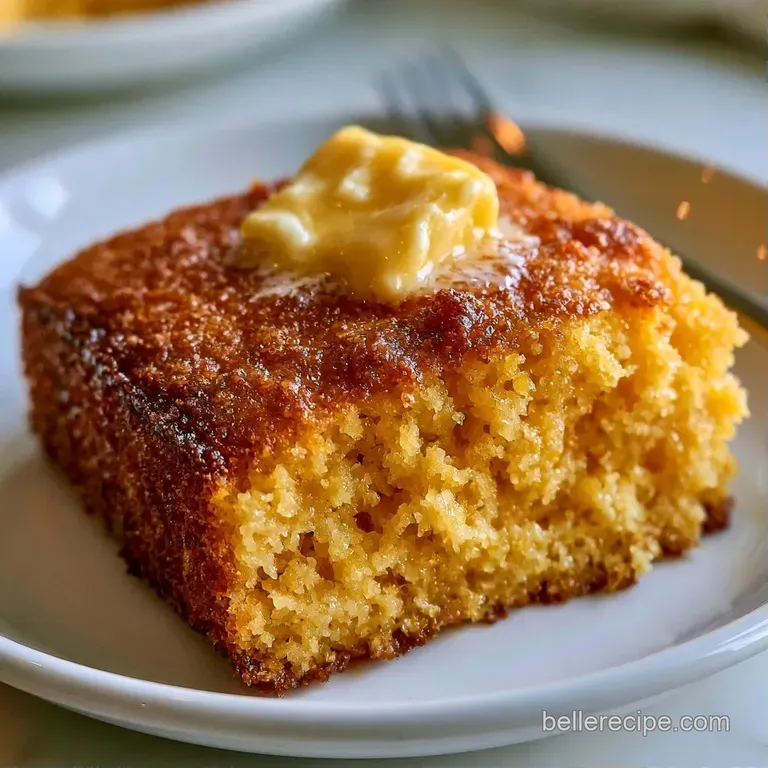 Warm, yellow corn bread square topped with melting butter and a sprig of parsley on a modern white ceramic plate.