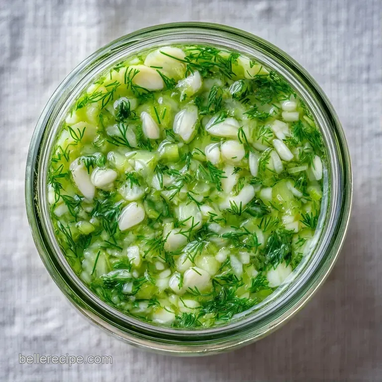 Clear glass jar filled with ivory garlic cloves in shimmering brine, garnished with fresh green herbs.