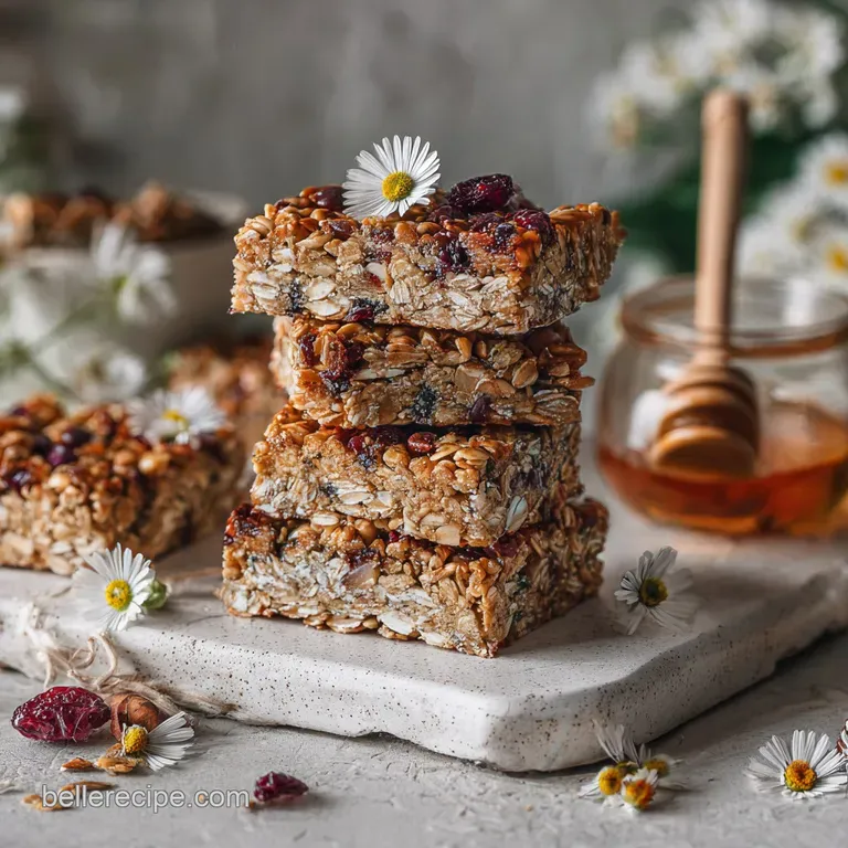 Stack of rustic granola bars tied with twine; warm hues highlight the texture of oats, nuts, and fruit.