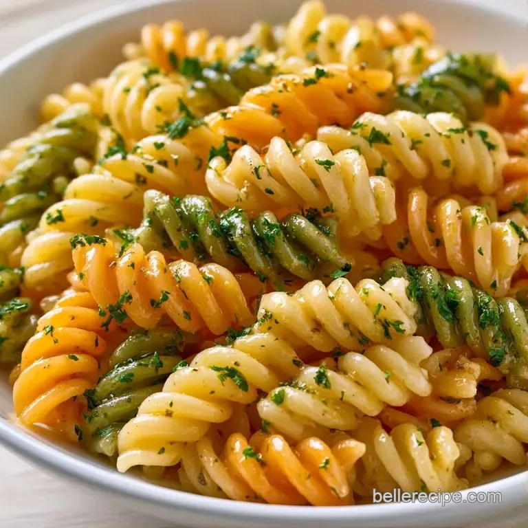 Glistening spiral pasta mixed with red cherry tomatoes and creamy mozzarella pearls in a white ceramic serving bowl.