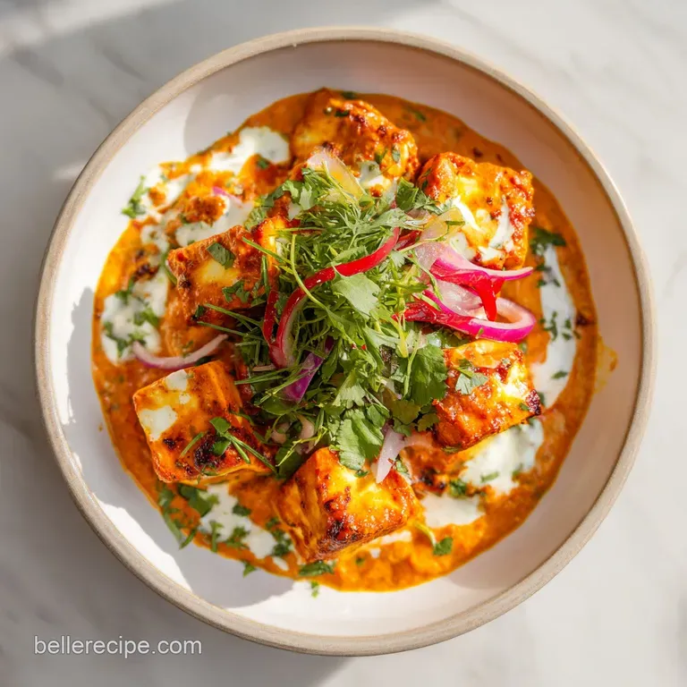 Golden paneer cubes nestled in a swirl of velvety, orangey-red sauce, garnished with a dollop of cream and herbs.