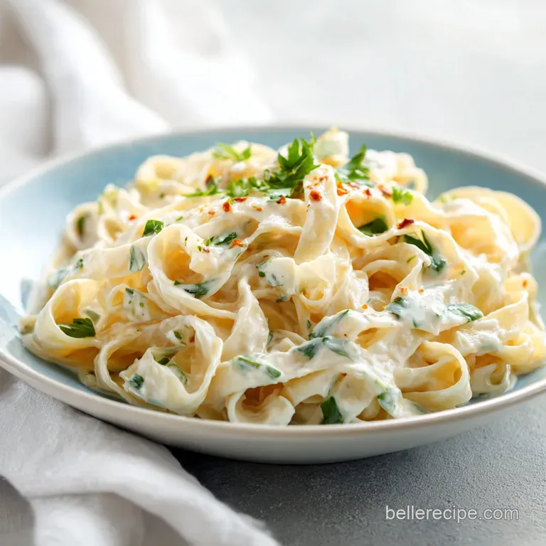 A swirl of white sauce-coated pasta elegantly plated, garnished with fresh herbs and a sprinkle of cheese.