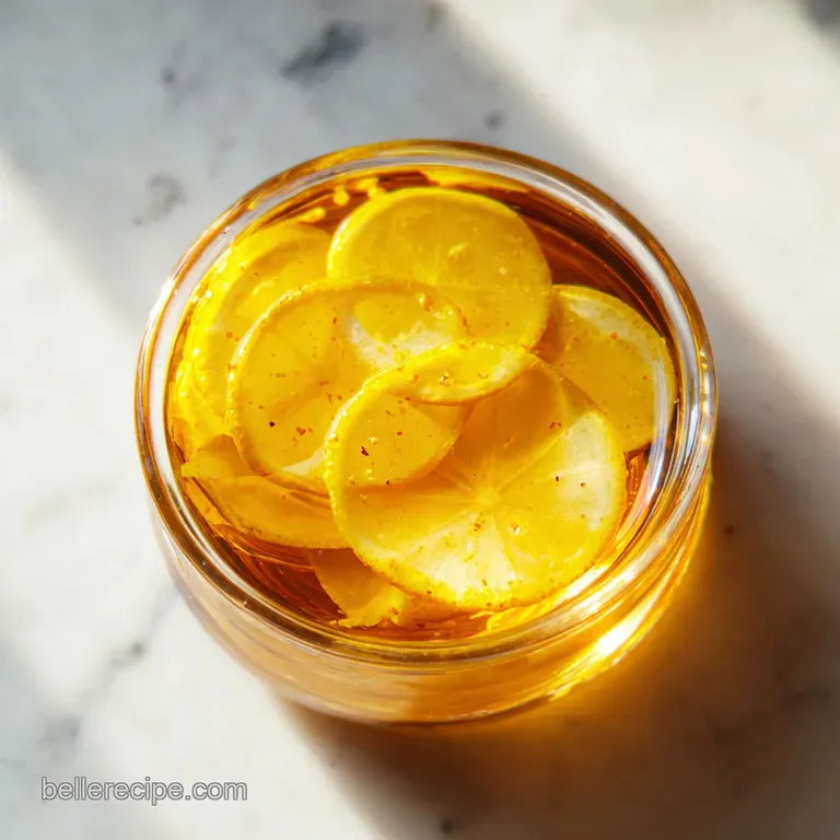 Elegant glass mug of amber tea on a white linen napkin, paired with a wooden honey wand and fresh lemon wedges.