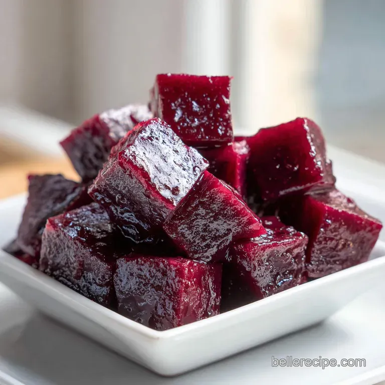 Purple-skinned potato chunks glazed in honey, arranged neatly on a white platter with a sprinkle of sea salt.