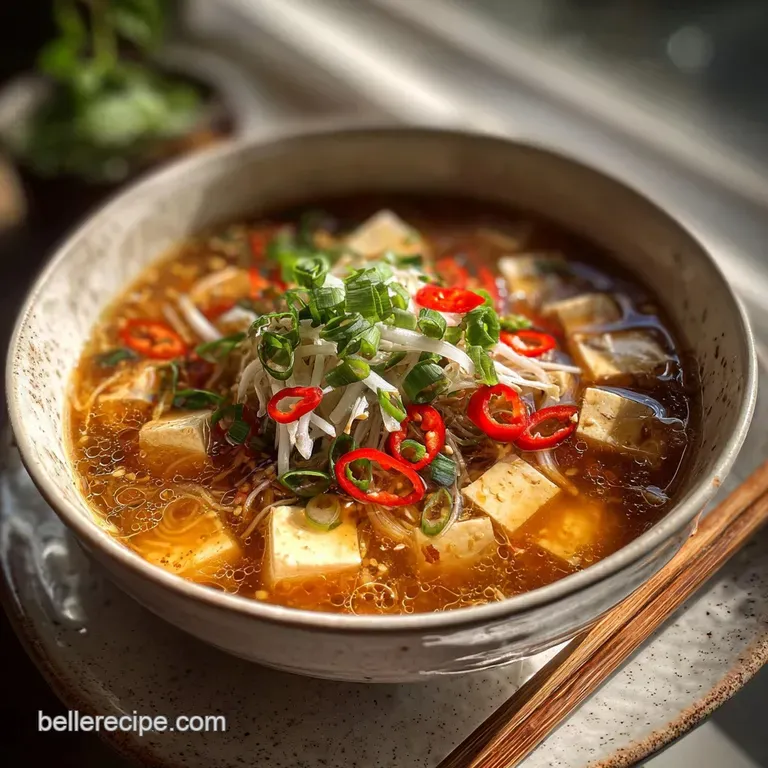 Steaming bowl of spicy soup garnished with fresh green onions and a swirl of chili oil, inviting warmth and bold flavor.
