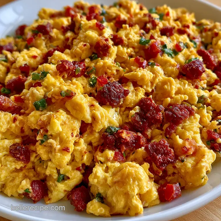 Vibrant orange chorizo and eggs plated with creamy avocado slices and fresh cilantro on a clean white ceramic dish.