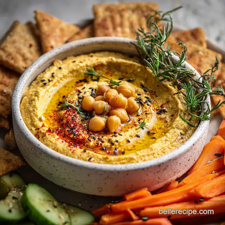 Smooth hummus spread artfully across a white plate, garnished with parsley and a drizzle of golden oil; ready to dip pita ...
