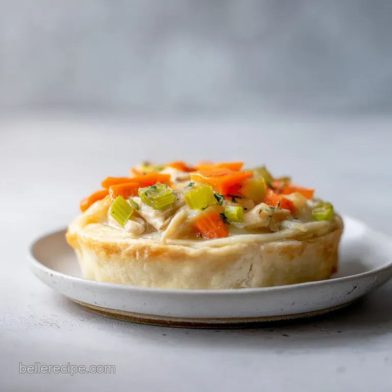 A slice of creamy chicken stew under a golden pastry lid on a white ceramic plate garnished with fresh parsley.