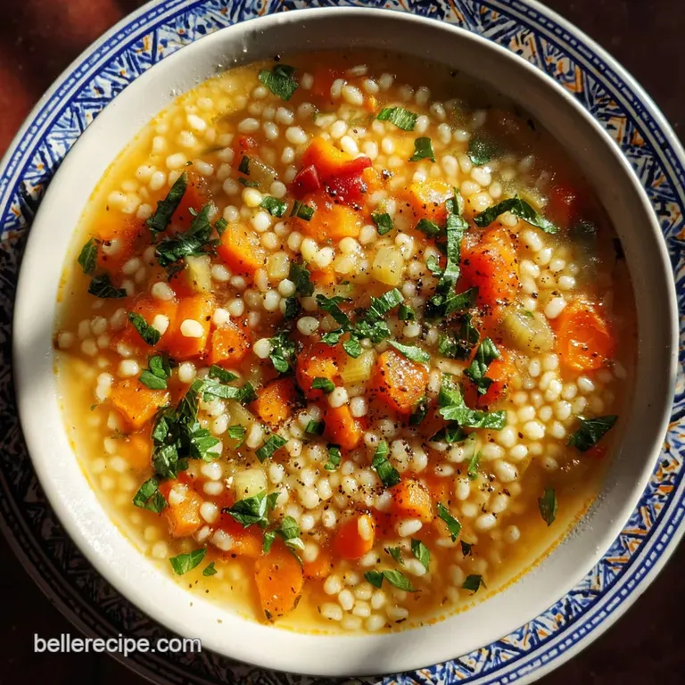 A delicate white bowl of glistening pastina soup with steam rising, garnished with fresh parsley sprigs on a linen tablecl...