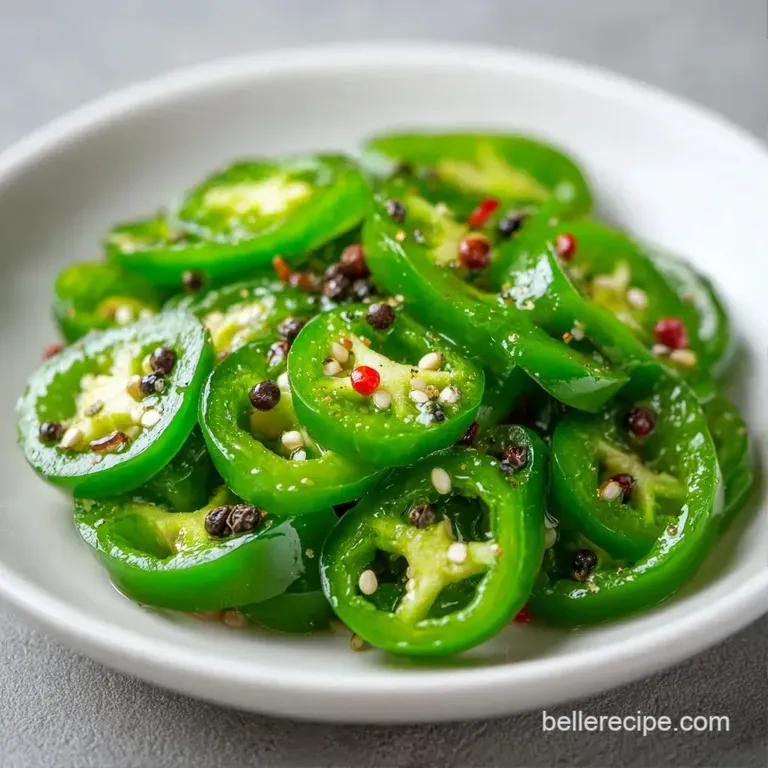 Bright green pepper slices and white garlic cloves arranged in a glass bowl with glistening clear brine.