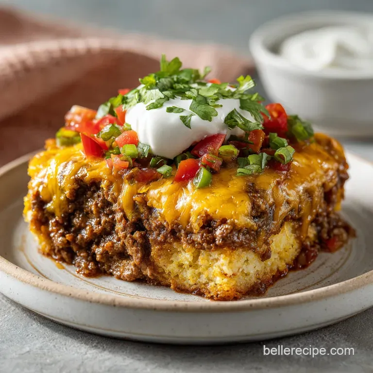 A generous scoop of cheesy, savory casserole presented in a rustic ceramic bowl, garnished with fresh parsley.