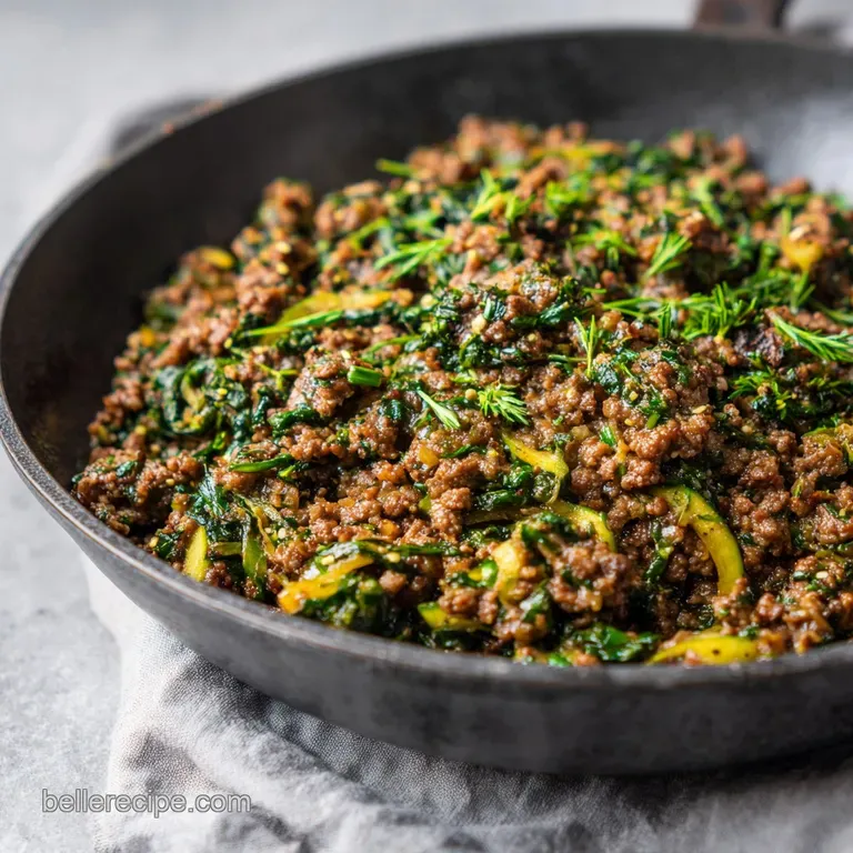 Golden ground beef crumbles artfully arranged on a white plate, garnished with vibrant green herbs.