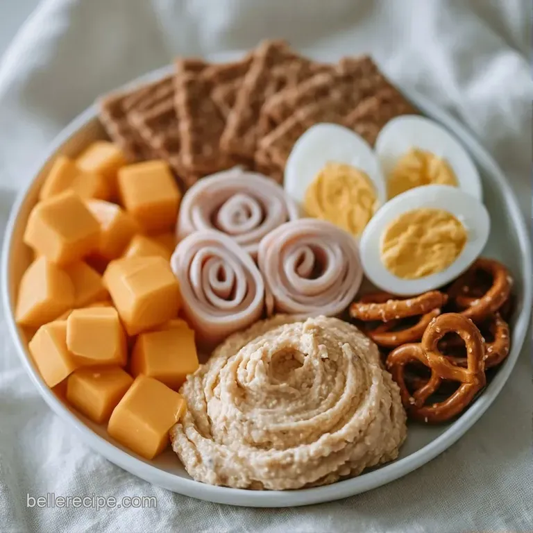 An overhead view of a wooden platter filled with neatly arranged piles of red grapes, orange cheese, and gold pretzels.