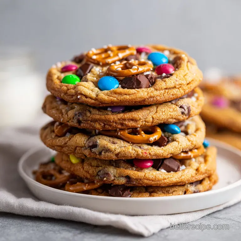 A stack of thick, chewy cookies on a white ceramic plate, drizzled with chocolate and topped with a sea salt sprinkle.