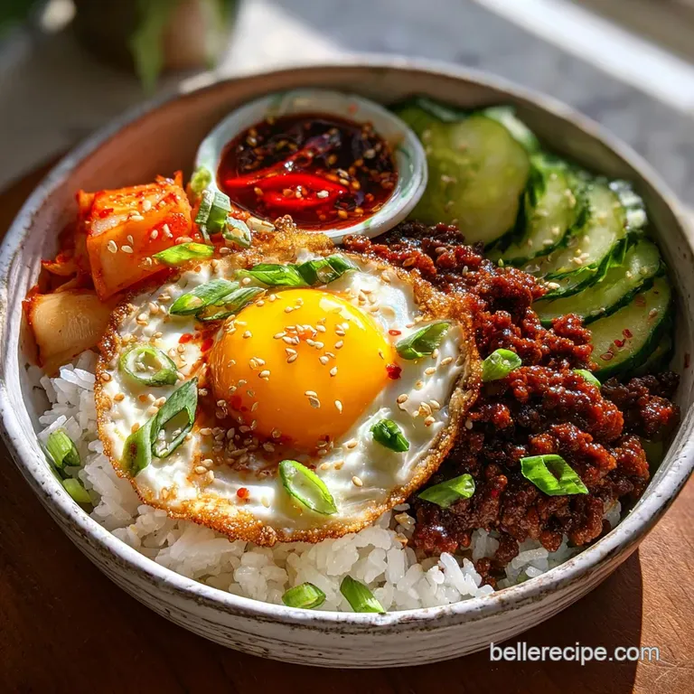 A Korean ground beef bowl: shiny beef, bright carrots, and green scallions artfully arranged.