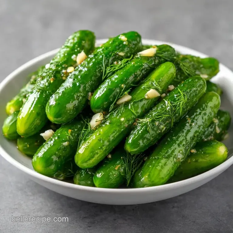 Vibrant green pickle spears neatly arranged on a white platter, garnished with fresh dill and black pepper.