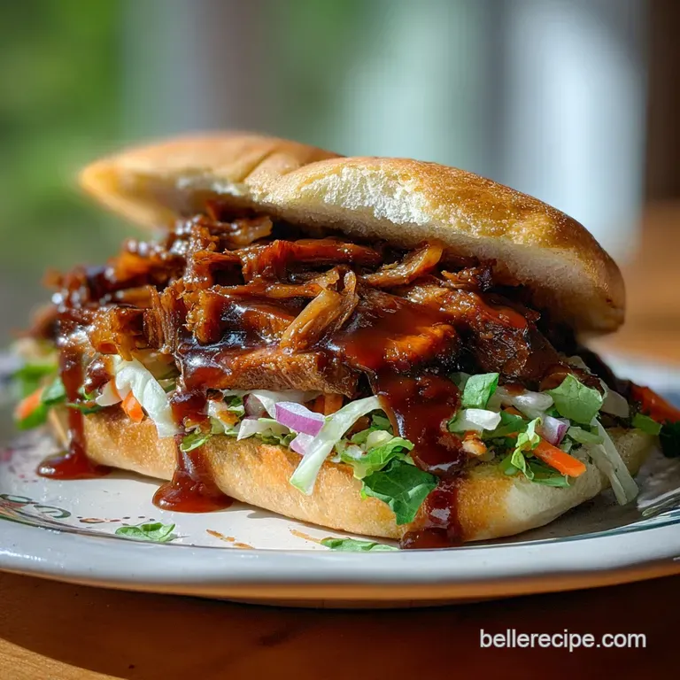 Juicy brisket slices arranged on a plate, drizzled with rich, dark barbecue sauce, accompanied by a creamy, vibrant coleslaw.