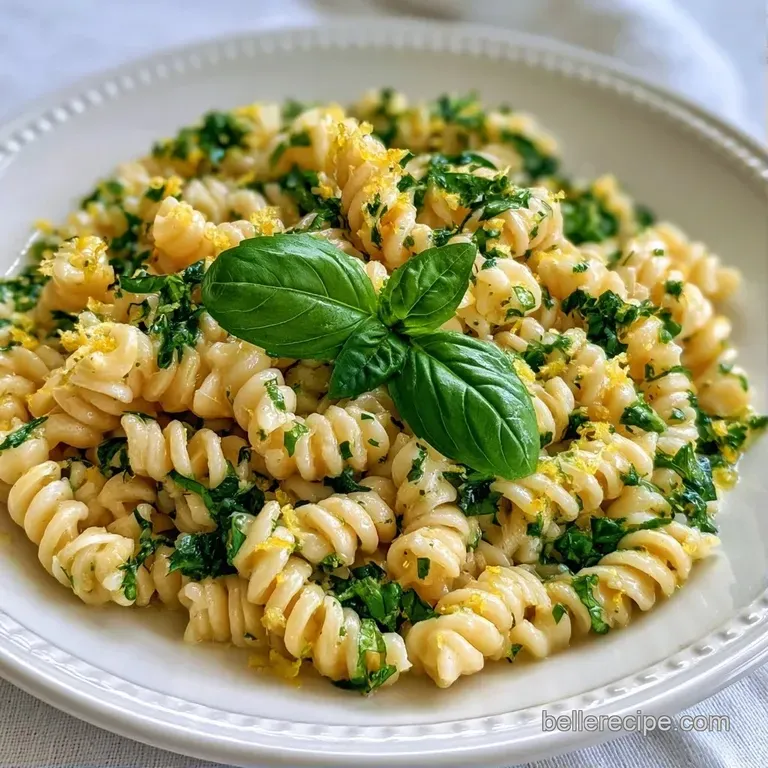 Twirled pasta spirals on a modern matte plate garnished with fresh basil sprigs and thin curls of lemon peel.
