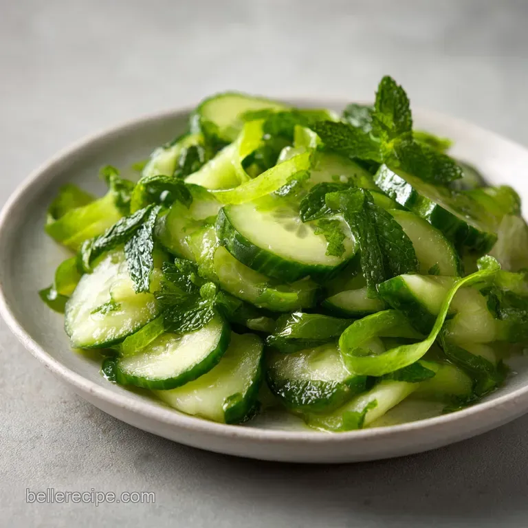 Minimalist white platter featuring translucent cucumber ribbons garnished with vibrant mint and lemon zest curls.