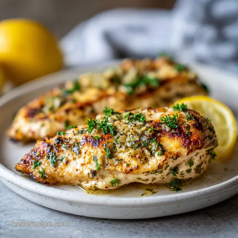 Perfectly seared chicken breast topped with a vibrant lemon slice, drizzled with savory garlic sauce on a bed of fluffy wh...