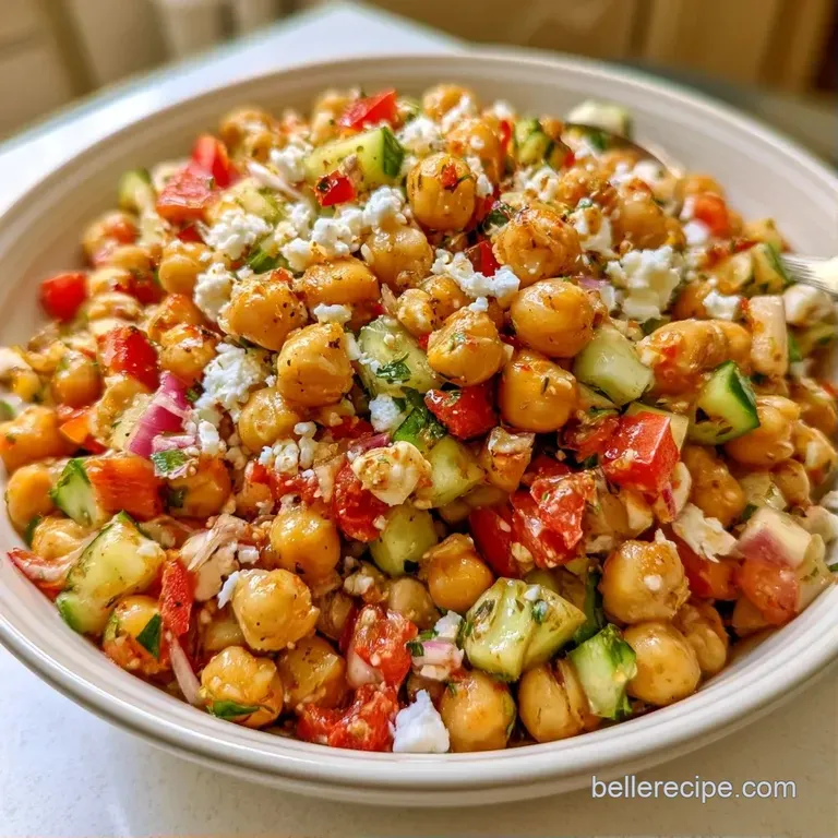 A colorful salad of golden chickpeas and crisp cucumbers plated on a matte grey dish with a lemon wedge.