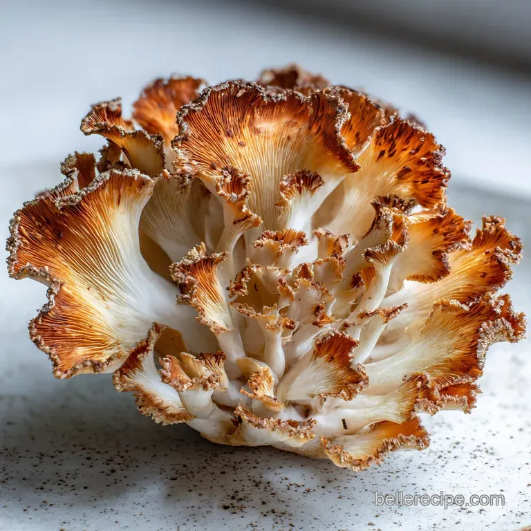 Delicate, crispy maitake mushroom cluster artfully arranged on a bright white plate, hinting at a savory, umami-rich flavor.