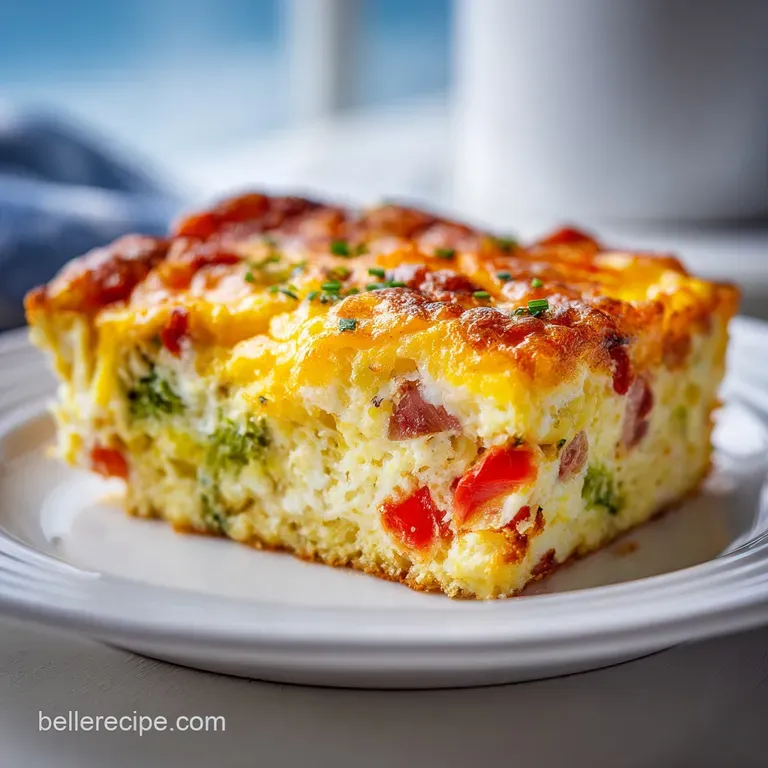 A neatly cut square of breakfast casserole showing layers of egg, sausage, and potatoes. Fresh parsley sprig garnish adds ...